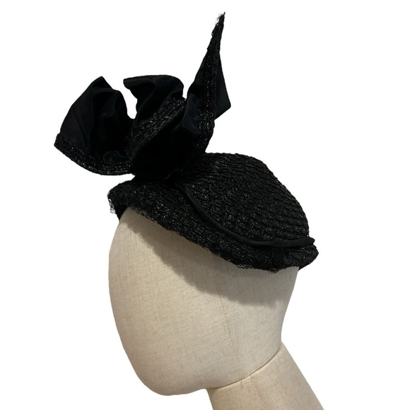 40s BLACK WOVEN SKULL CAP W WIDE GROSGRAIN SHAPABLE DRAMATIC RIBBON BOW W BORDER - Picture 5 of 7